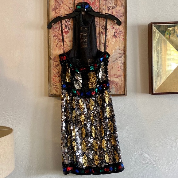 VINTAGE 70S 80S DRESS SEQUIN MINI DRESS HIGH NECK GEOMETRIC SHAPES SMALL - Picture 6 of 16